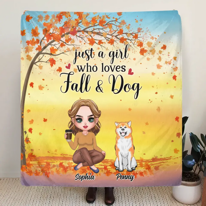 Custom Personalized Dog Mom Single Layer Fleece/Quilt Blanket - Upto 4 Dogs - Gift Idea for Dog Lovers/ Autumn Gift - Just A Girl Who Loves Fall & Dogs