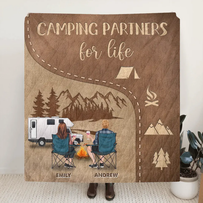 Custom Personalized Camping Couple Single Layer Fleece/Quilt Blanket - Gift Idea For Couple/Camping Lover - Camping Partners For Life