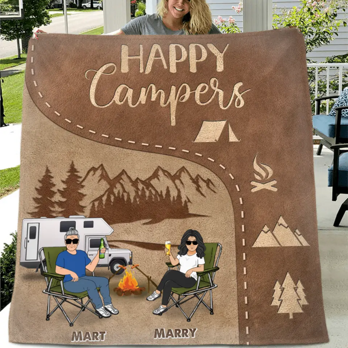 Custom Personalized Camping Couple Single Layer Fleece/Quilt Blanket - Gift Idea For Couple/Camping Lover - Happy Campers