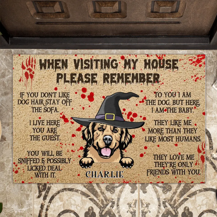 Custom Personalized Halloween Dog Doormat - Halloween Gift Idea for Dog Lovers - Upto 3 Dogs - When Visiting Our House Please Remember