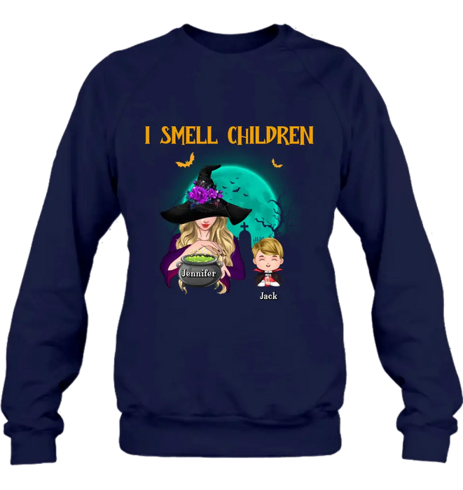 Custom Personalized Witch Shirt/ Hoodie - Halloween Gift Idea For Grandma/ Mother - Woman With Upto 6 Kids - I Smell Children