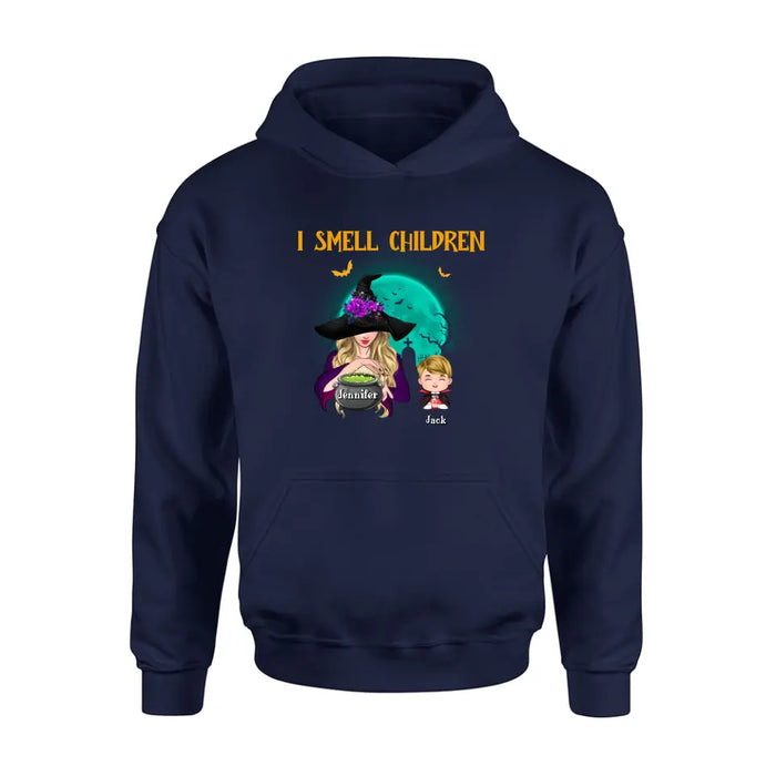 Custom Personalized Witch Shirt/ Hoodie - Halloween Gift Idea For Grandma/ Mother - Woman With Upto 6 Kids - I Smell Children