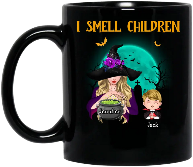 Custom Personalized Witch Coffee Mug - Halloween Gift Idea For Grandma/ Mother - Woman With Upto 6 Kids - I Smell Children