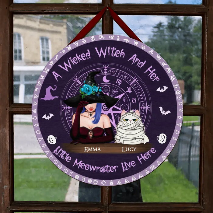 Personalized Witch Round Wooden Sign - Halloween/ Witch/ Pagan/ Wicca Decor/ Cat Lovers Gift with up to 6 Cats - A Wicked Witch And Her Little Moewnster Live Here