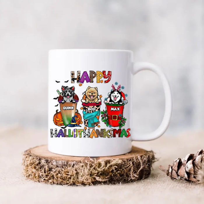 Custom Personalized Hallothanksmas Coffee Mug - Halloween/Christmas/Thanksgiving Gift Idea for Dog Lovers - Happy Hallothanksmas