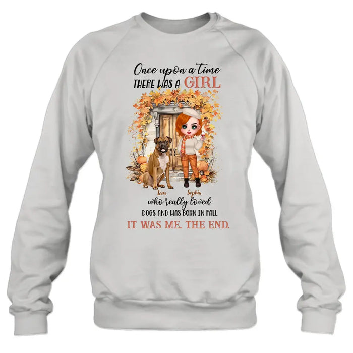 Custom Personalized Fall And Dogs Shirt/ Hoodie - Gift Idea for Dog Lovers - Upto 6 Dogs - Once Upon A Time There Was A Girl Who Loved Dogs And Was Born In Fall