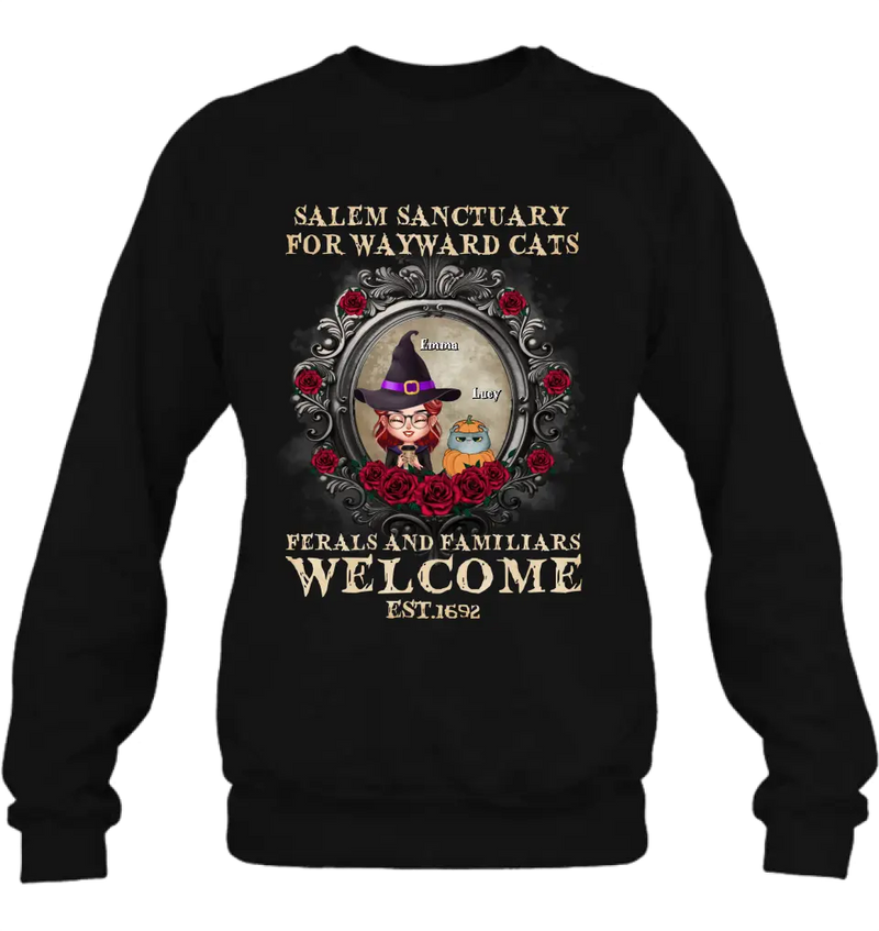 Personalized Halloween Cat Mom Shirt/Hoodie - Up to 4 Cats - Gift Idea For Cat Lovers - Salem Sanctuary for Wayward Cats Ferals and Familiars Welcome