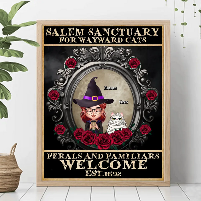 Custom Personalized Halloween Cat Mom Poster - Upto 4 Cats - Halloween Gift For Cat Lovers/Wiccan Decor/Pagan Decor/ Wall Art Wicked Witch - Salem Sanctuary For Wayward Cats