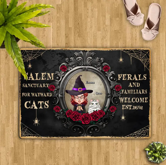 Custom Personalized Halloween Cat Mom Doormat - Upto 4 Cats - Halloween Gift For Cat Lovers/Wiccan Decor/Pagan Decor - Salem Sanctuary For Wayward Cats