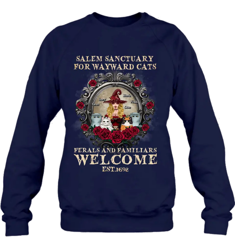 Personalized Halloween Cat Witch Shirt/Hoodie - Up to 4 Cats - Gift Idea For Cat Lovers - Salem Sanctuary for Wayward Cats Ferals and Familiars Welcome