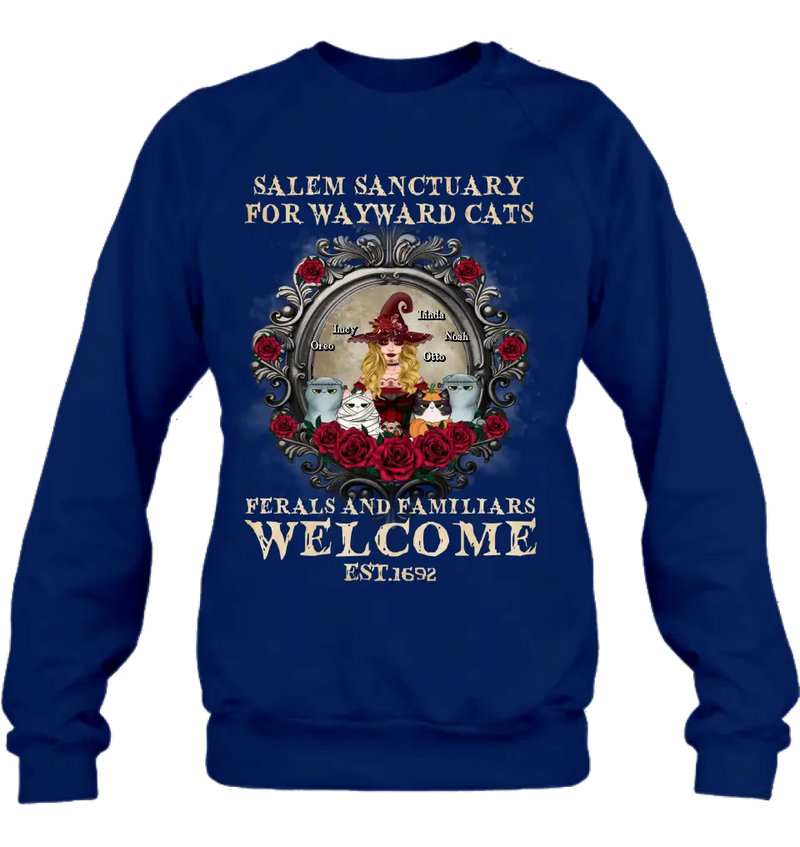 Personalized Halloween Cat Witch Shirt/Hoodie - Up to 4 Cats - Gift Idea For Cat Lovers - Salem Sanctuary for Wayward Cats Ferals and Familiars Welcome