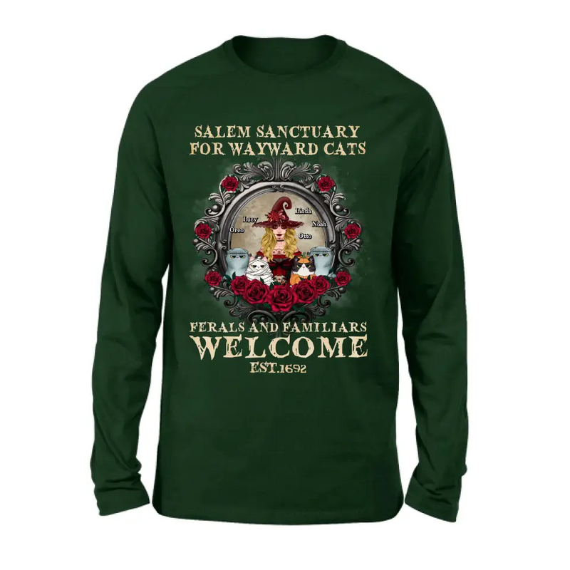 Personalized Halloween Cat Witch Shirt/Hoodie - Up to 4 Cats - Gift Idea For Cat Lovers - Salem Sanctuary for Wayward Cats Ferals and Familiars Welcome