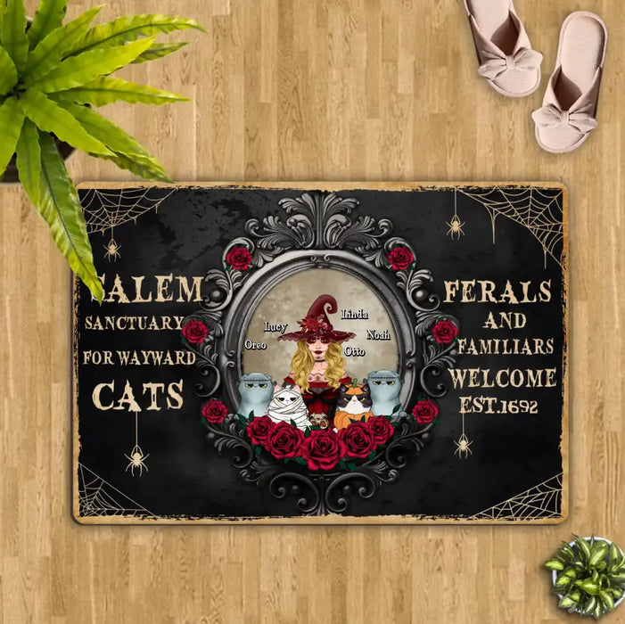 Custom Personalized Halloween Cat Witch Doormat - Upto 4 Cats - Halloween Gift For Cat Lovers/Wiccan Decor/Pagan Decor - Salem Sanctuary For Wayward Cats