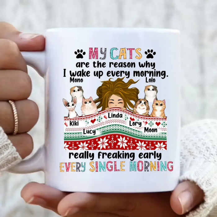 Personalized Cat Mom Coffee Mug - Gift Idea For Mom/Cat Lovers - Up to 6 Cats - My Cats Are The Reason Why I Wake Up Every Morning