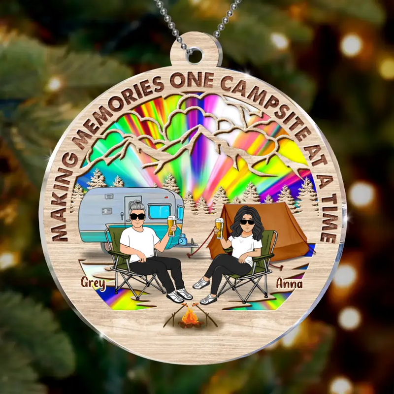 Personalized Camping Couple Suncatcher Acrylic Ornament - Gift Idea For Camping/Dog/Cat Lover - Up to 4 Pets - Making Memories One Campsite At A Time