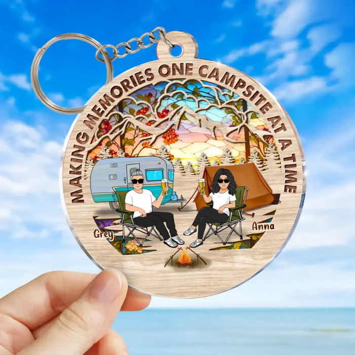 Custom Personalized Camping Couple Suncatcher Acrylic Keychain - Gift Idea For Camping/Dog/Cat Lover - Upto 4 Pets - Making Memories One Campsite At A Time