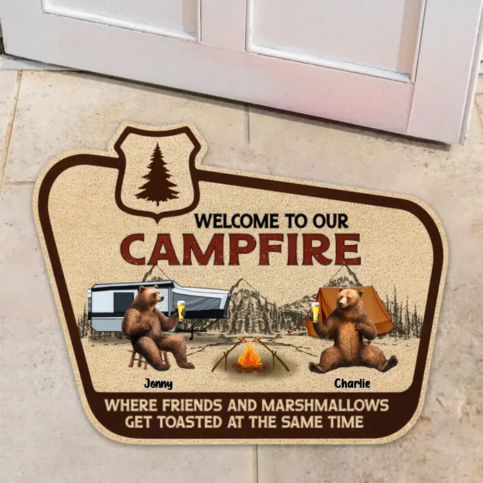 Custom Personalized Camping Doormat - Upto 7 Friends - Gift Idea For Camping Lovers/Friends - Welcome To Our Campfire