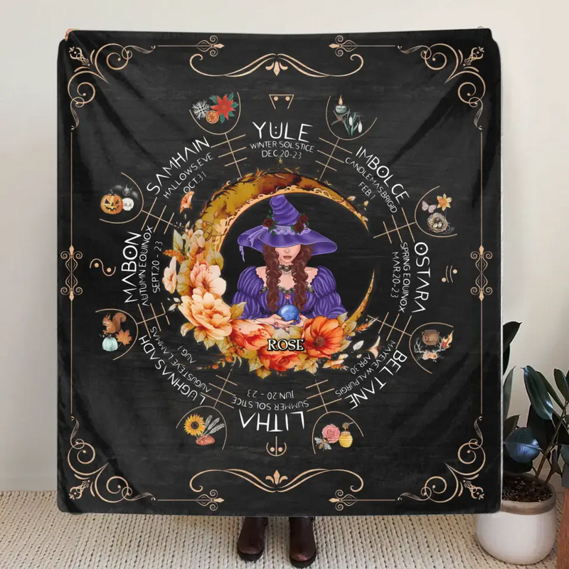 Personalized Witch Calendar Floral Frame Fleece Throw Blanket/Quilt - Gift Idea For Halloween/Witch Lovers