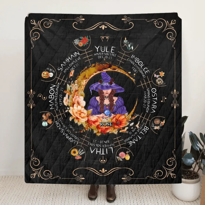 Custom Personalized Witch Calendar Floral Frame Single Layer Fleece/Quilt Blanket - Gift Idea For Halloween/Witch Lovers