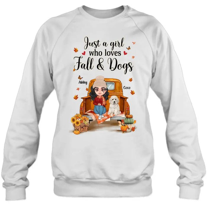 Custom Personalized Autumn Dog Mom Shirt/ Hoodie - Gift Idea For Dog Lovers - Upto 5 Dogs - Just A Girl Who Loves Fall And Dogs