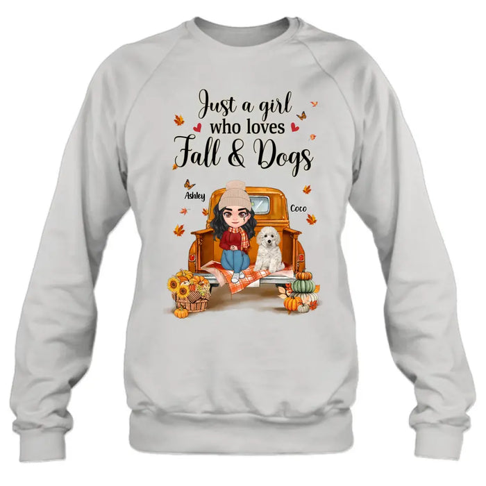 Custom Personalized Autumn Dog Mom Shirt/ Hoodie - Gift Idea For Dog Lovers - Upto 5 Dogs - Just A Girl Who Loves Fall And Dogs