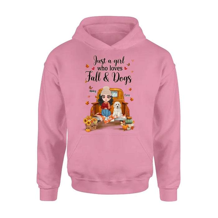 Custom Personalized Autumn Dog Mom Shirt/ Hoodie - Gift Idea For Dog Lovers - Upto 5 Dogs - Just A Girl Who Loves Fall And Dogs