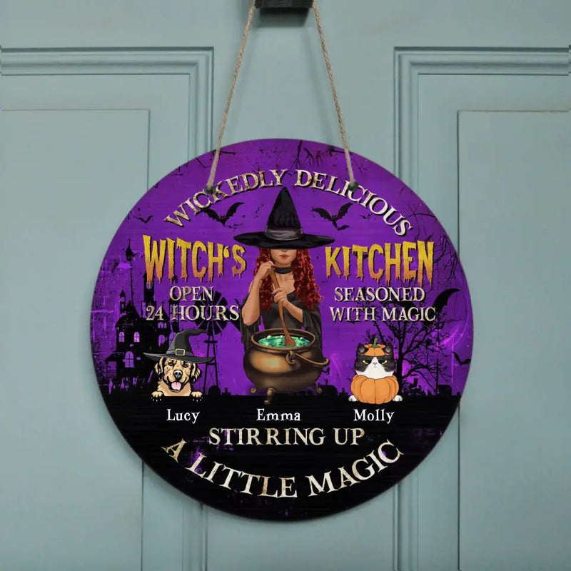 Personalized Witch Circle Door Sign - Halloween/Witch/Pagan/Wicca Decor/Pet Lovers Gift With Up to 6 Pets - Wickedly Delicious Witch's Kitchen