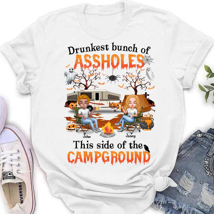 Custom Personalized Camping Friends Shirt - Upto 7 People - Halloween Gift Idea For Friends/ Camping Lover - If I'm Drunk It's My Camping Friends' Fault