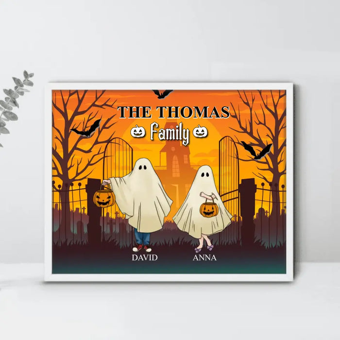 Personalized Halloween Ghost Family Unframed Horizontal  Poster - Halloween Gift For Couple/Family - Upto 5 People With 4 Pets - The Thomas Family