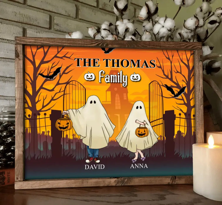 Personalized Halloween Ghost Family Unframed Horizontal  Poster - Halloween Gift For Couple/Family - Upto 5 People With 4 Pets - The Thomas Family