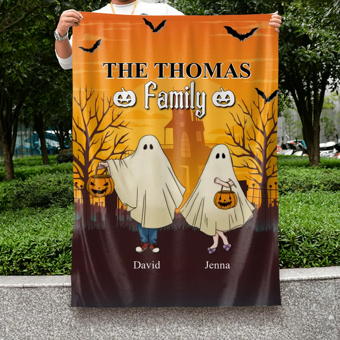 Personalized Halloween Ghost Flag Sign - Halloween Gift For Couple/Family - Upto 5 People With 4 Pets - The Thomas Family