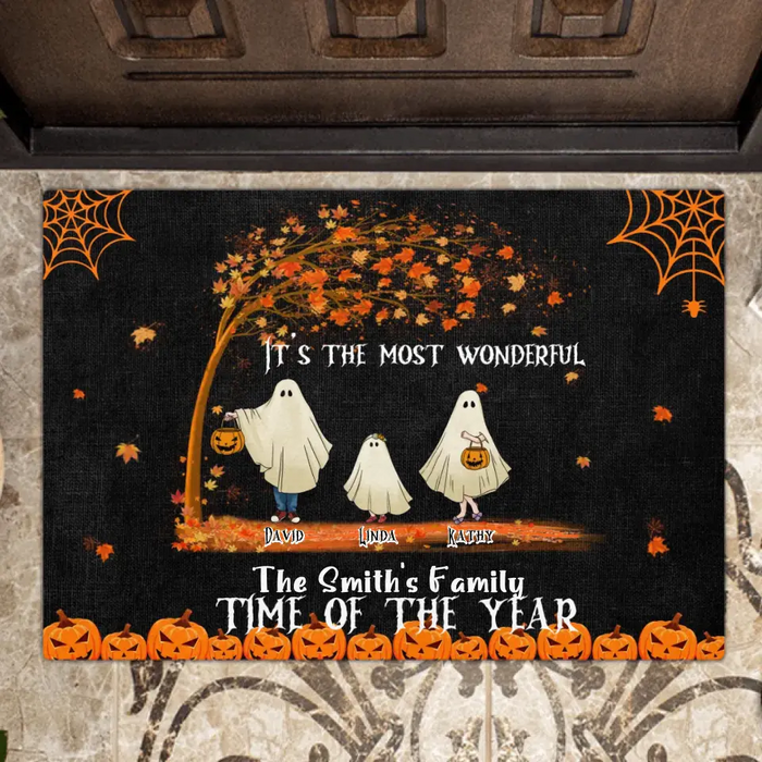 Personalized Halloween Ghost Family Doormat - Halloween Gift For Couple/Family - Upto 6 People With 3 Pets - It's The Most Wonderful Time Of The Year