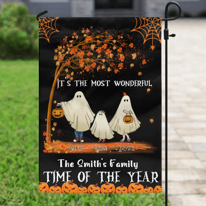 Personalized Halloween Ghost Family Flag Sign - Halloween Gift For Couple/Family - Upto 6 People With 3 Pets - It's The Most Wonderful Time Of The Year
