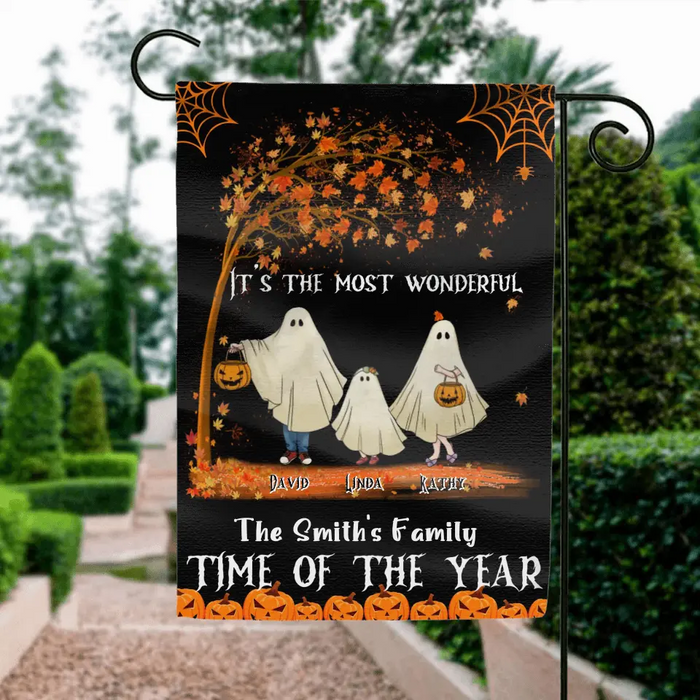 Personalized Halloween Ghost Family Flag Sign - Halloween Gift For Couple/Family - Upto 6 People With 3 Pets - It's The Most Wonderful Time Of The Year
