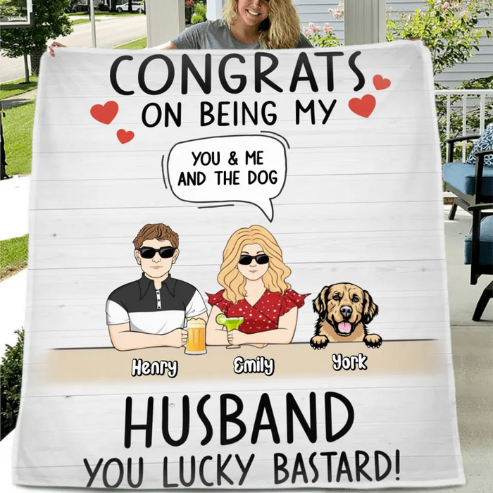 Custom Personalized Couple Quilt/Single Layer Fleece Blanket -  Couple With Upto 4 Dogs - Gift Idea For Husband From Wife - Congrats On Being My Husband You Lucky Bastard