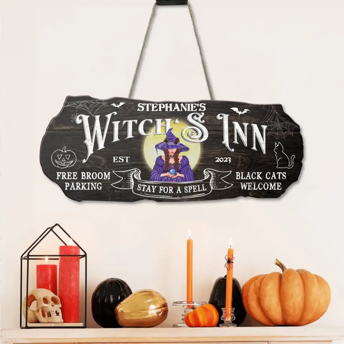 Personalized Witch Wooden Sign - Gift Idea For Halloween/ Witch/ Pagan/ Wicca Decor - Witch's Inn Free Broom Parking and Black Cats Welcome
