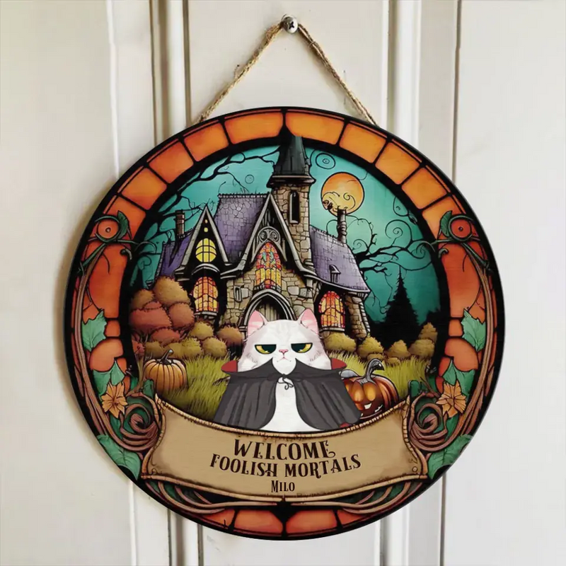Personalized Little Meownsters Wooden Sign - Up to 5 Cats - Halloween Gift For Cat Lovers - Welcome Foolish Mortals