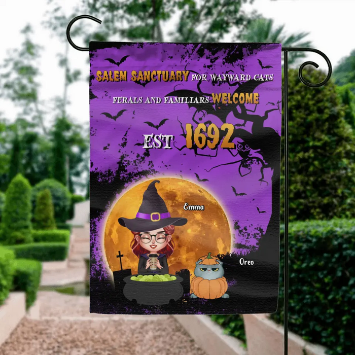 Custom Personalized Wicked Witch Flag Sign - Halloween Gift For Couple/ Dog/Cat Lovers - Adult/ Couple With Upto 4 Pets - Salem Sanctuary For Wayward Cats Ferals And Familiars Welcome Est 1692