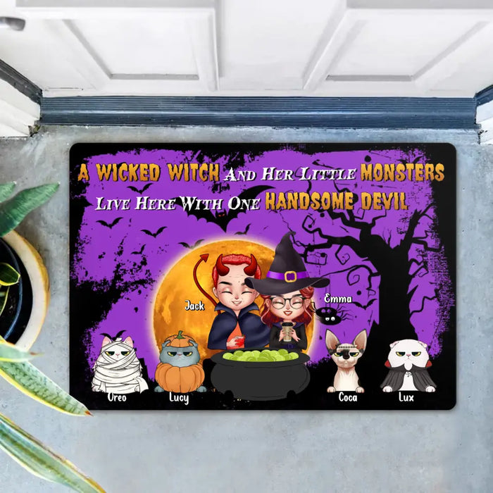 Custom Personalized Witch Doormat - Halloween Gift For Dog/Cat Lovers - Adult/ Couple With Upto 6 Pets - A Wicked Witch And Her Little Monsters Live Here