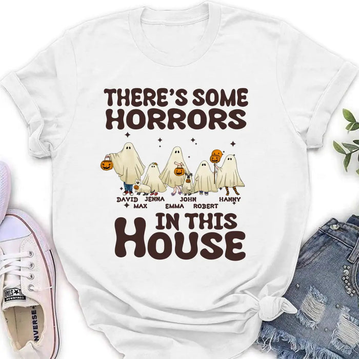 Personalized Halloween Ghost Family Shirt/Hoodie - Halloween Gift For Couple/Family - Upto 5 People With 4 Pets - There's Some Horrors In This House