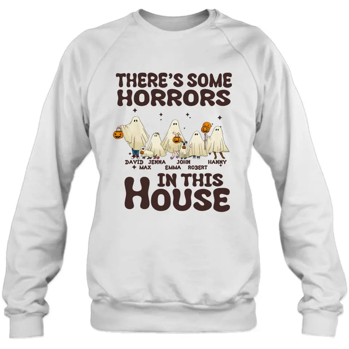 Personalized Halloween Ghost Family Shirt/Hoodie - Halloween Gift For Couple/Family - Upto 5 People With 4 Pets - There's Some Horrors In This House