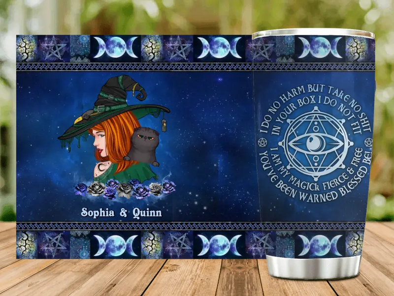 Personalized Witch Tumbler - Up to 2 Pets - Halloween Gift Idea for Dog/Cat Lovers - I Do No Harm But Take No Shit