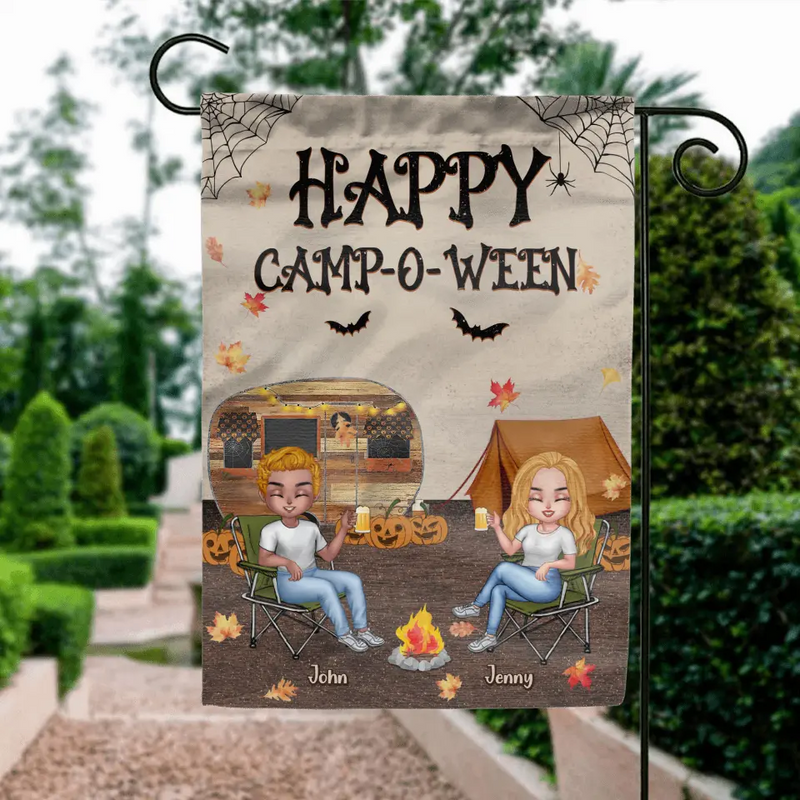 Personalized Halloween Camping Flag Sign - Up to 7 People - Halloween/Autumn Gift Idea for Camping Lovers/Couple/Friends - Happy Camp-O-Ween