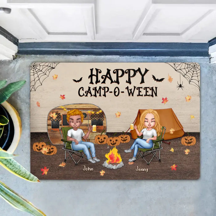 Custom Personalize Halloween Camping Friends Doormat - Halloween Gift Idea For Camping Lovers - Autumn Gift - Upto 7 People - Happy Camp-O-Ween