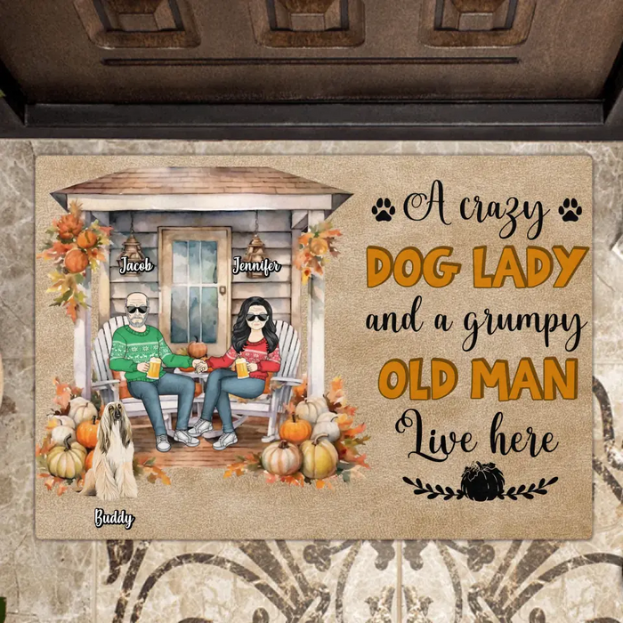 Custom Personalized Autumn Couple Doormat - Upto 6 Dogs - Autumn/Halloween Gift Idea for Couple/Dog Owners - A Crazy Dog Lady And A Grumpy Old Man Live Here