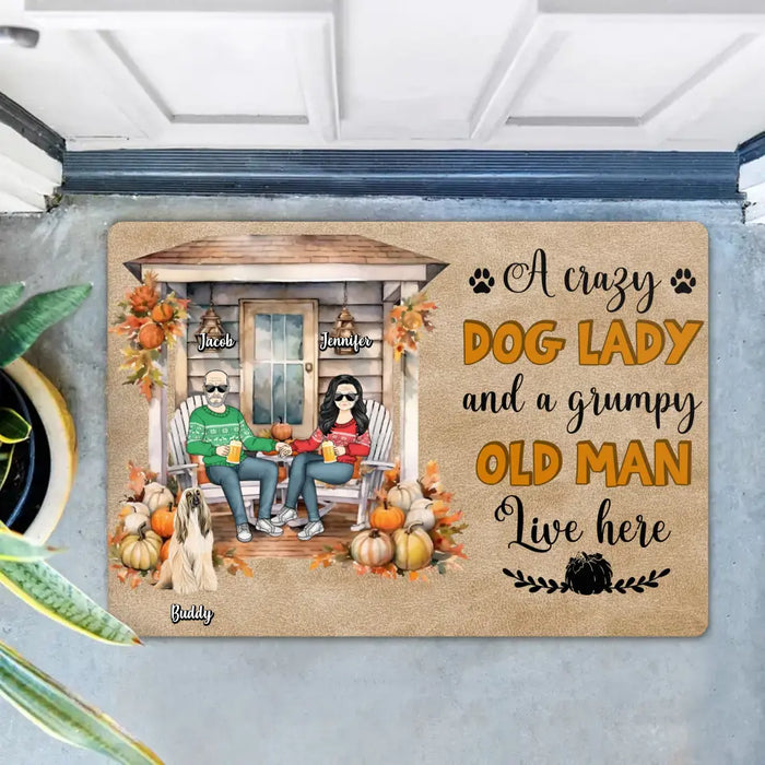 Custom Personalized Autumn Couple Doormat - Upto 6 Dogs - Autumn/Halloween Gift Idea for Couple/Dog Owners - A Crazy Dog Lady And A Grumpy Old Man Live Here