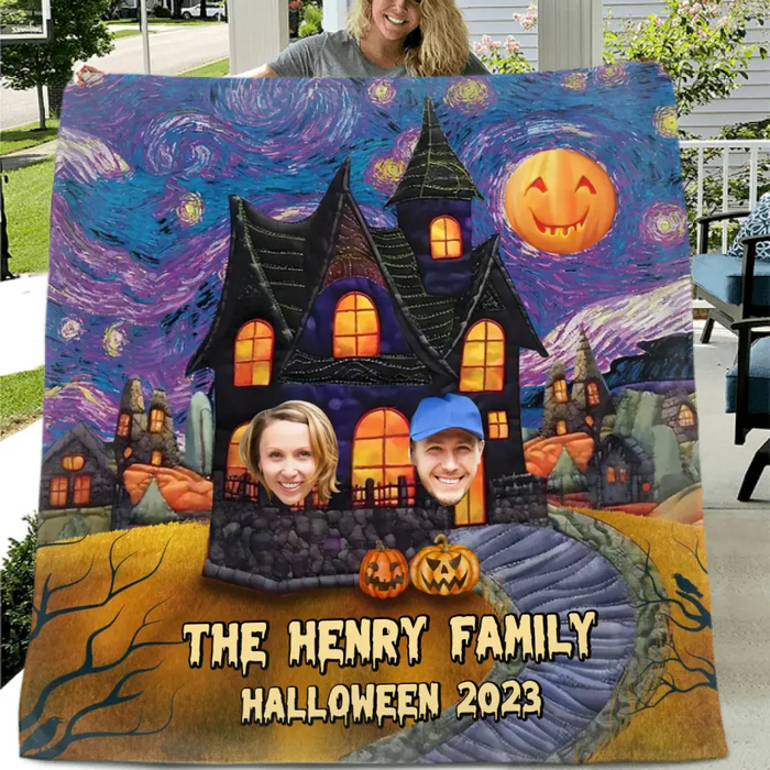 Custom Personalized Halloween Family Quilt/Single Layer Fleece Blanket - Upload Upto 9 Photos - Gift Idea For Halloween/Family - Halloween 2023