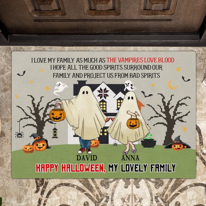 Personalized Halloween Ghost Family Doormat - Halloween Gift For Couple/Family - Upto 5 People With 4 Pets - I Love My Family