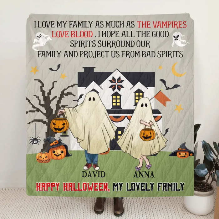 Personalized Halloween Ghost Family Quilt/Single Layer Fleece Blanket - Halloween Gift For Couple/Family - Upto 5 People With 4 Pets - I Love My Family