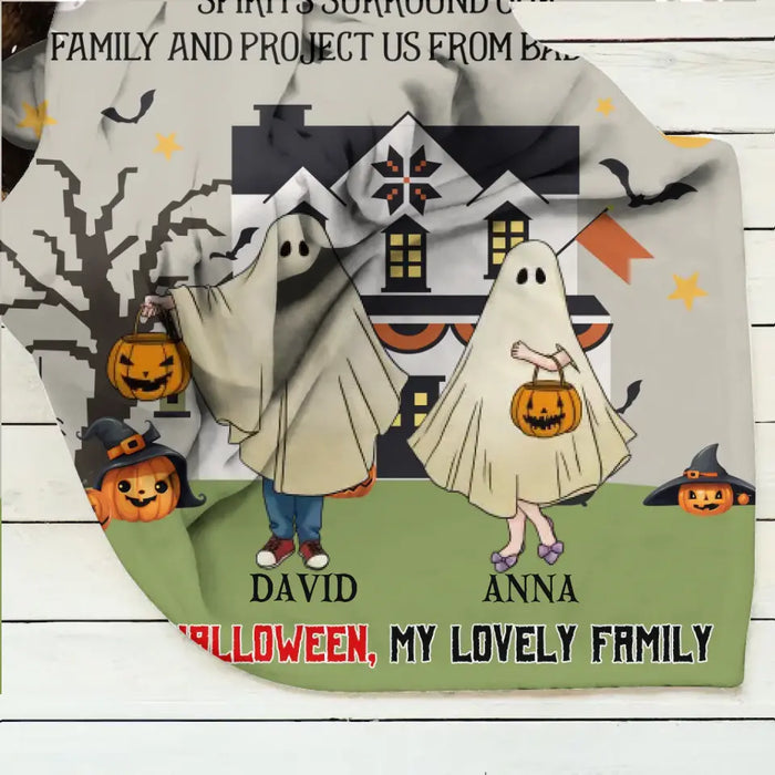 Personalized Halloween Ghost Family Quilt/Single Layer Fleece Blanket - Halloween Gift For Couple/Family - Upto 5 People With 4 Pets - I Love My Family